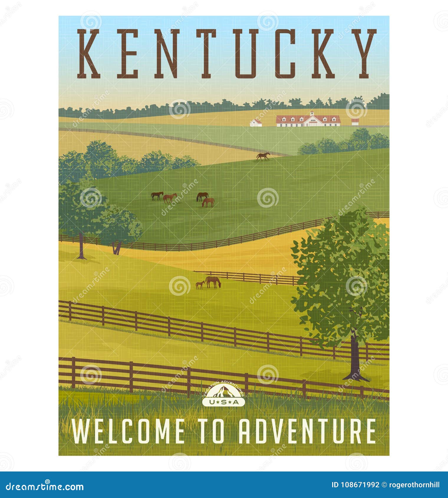 kentucky rolling hills, horses, fences and stables