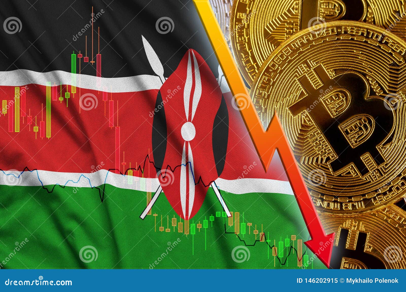 Kenya Flag And Cryptocurrency Falling Trend With Many Golden - 