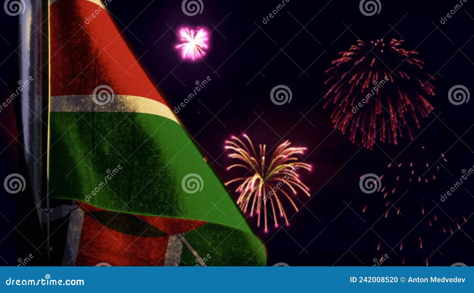 Kenya Flag Is Hanging On Firework Sky For Independence Day Defocused