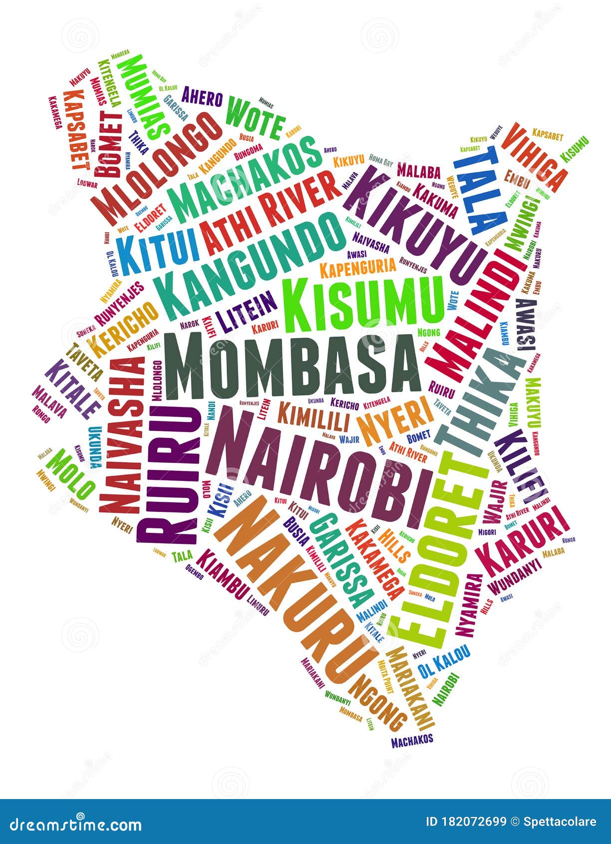 Kenya Map and List of Cities Word Cloud Concept Stock Illustration