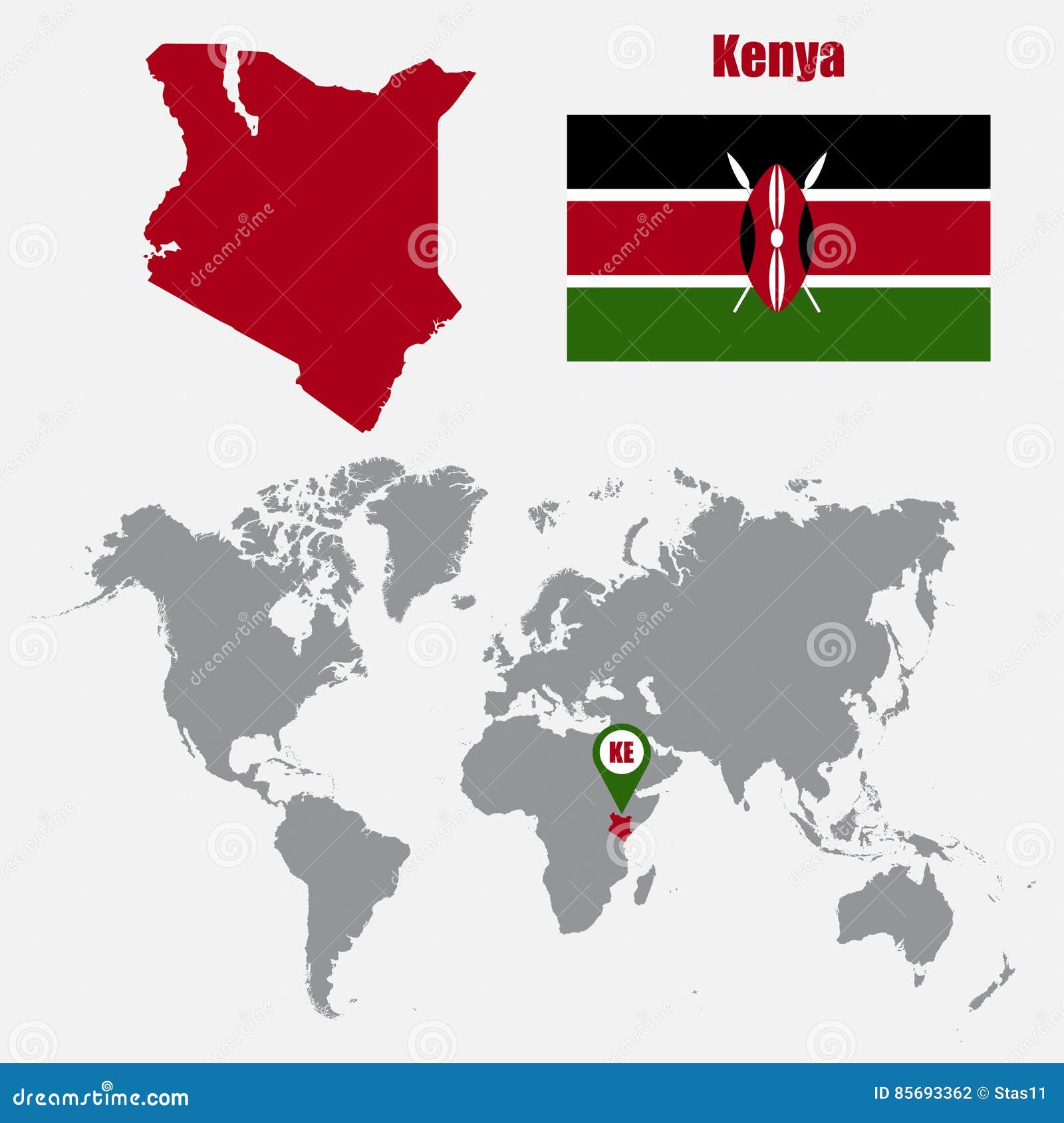 Kenya Map on a World Map with Flag and Map Pointer. Vector Illustration Stock Vector
