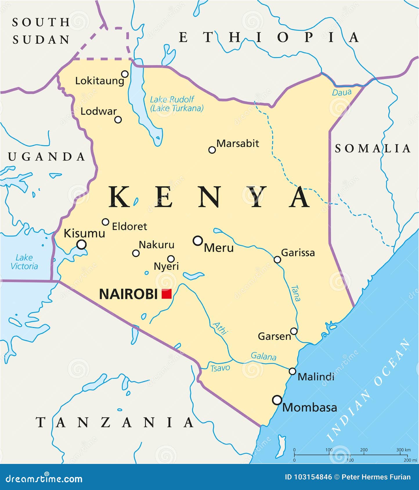 Kenya Political Map Capital Nairobi National Borders Most Important Cities Rivers Lakes Illustration English Labeling 103154846 