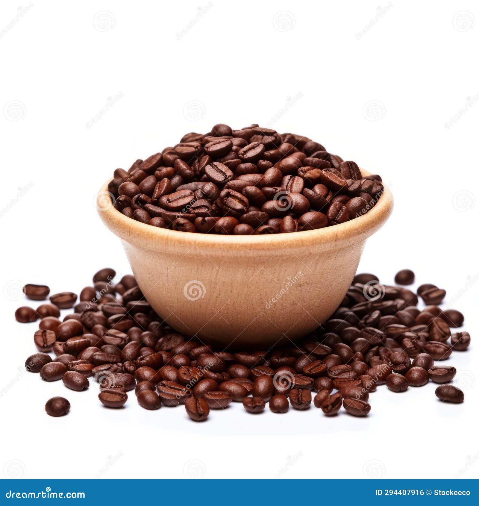 kenyan aa coffee beans in wooden bowl on white background