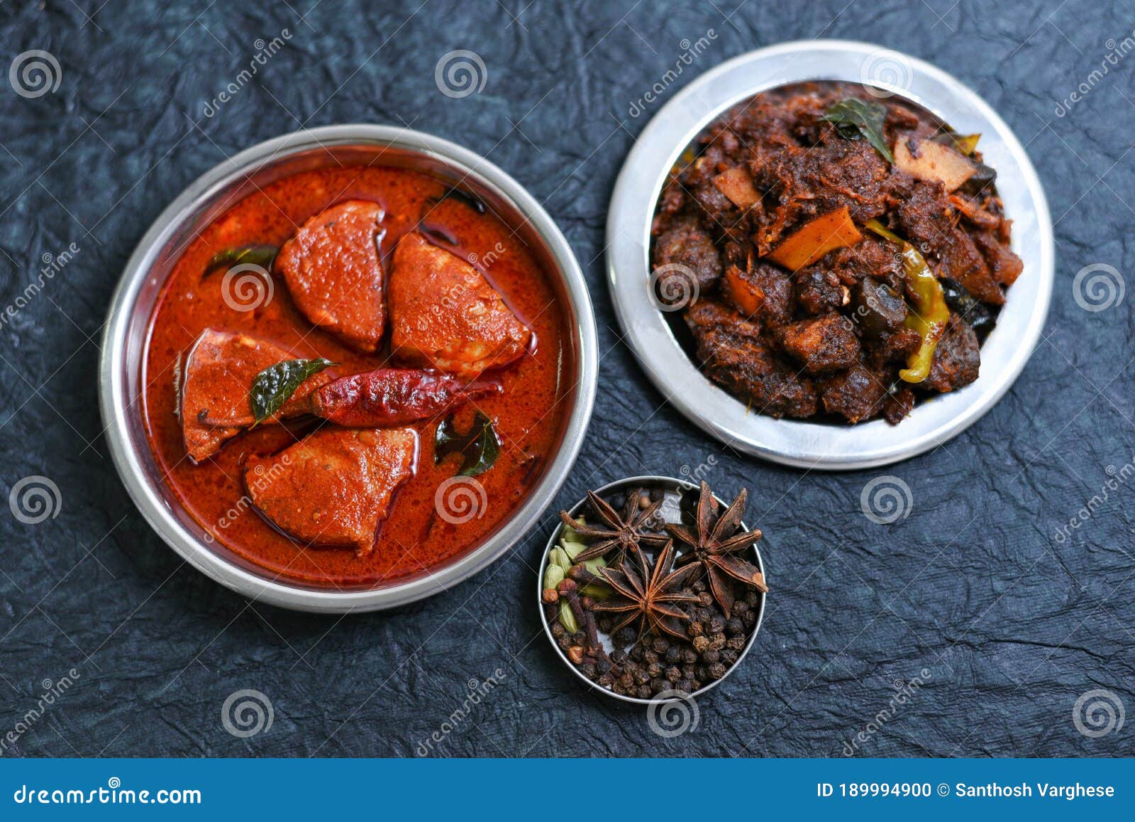 Kerala Beef Roast and Fish Curry Hot, Indian Non Veg Curries Stock