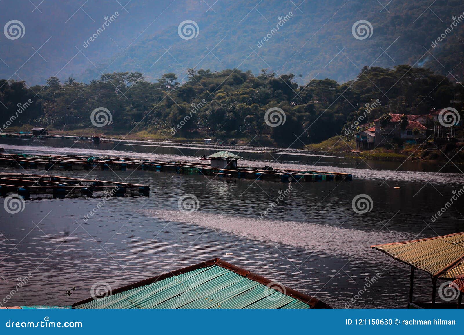 Keramba on the Saguling Lake Stock Photo - Image of cloud, green