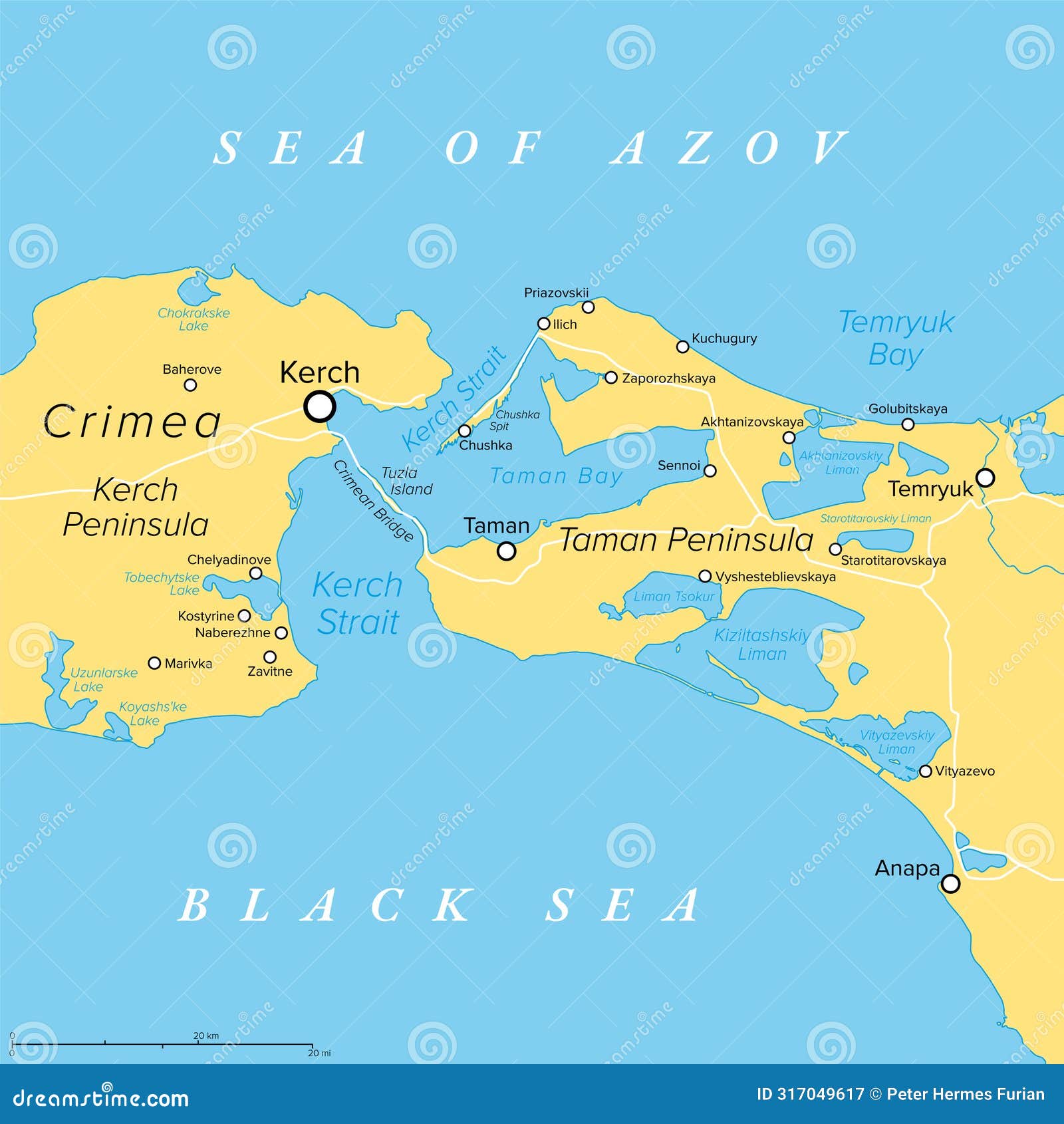 kerch strait in eastern europe, connecting black sea and sea of azov, political map