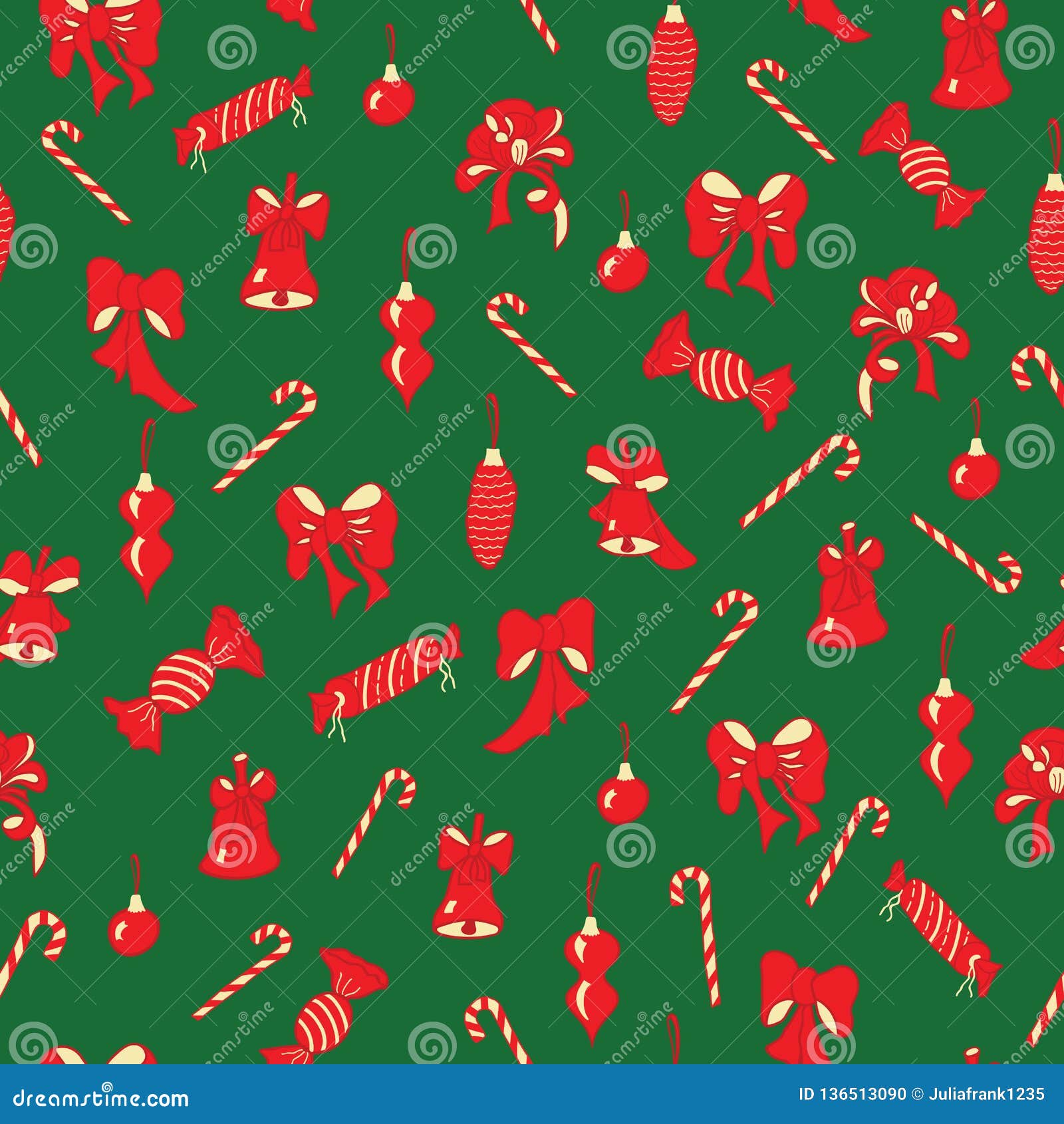 Kerstmisbogen, klokken, suikergoed naadloos patroon. De vector groene achtergrond van het Kerstmis naadloze patroon met rood bogen, ornamenten, klokken, suikergoed en suikergoedriet Perfectioneer voor Kerstmis en Nieuwjaargift verpakkend document, stof, decor