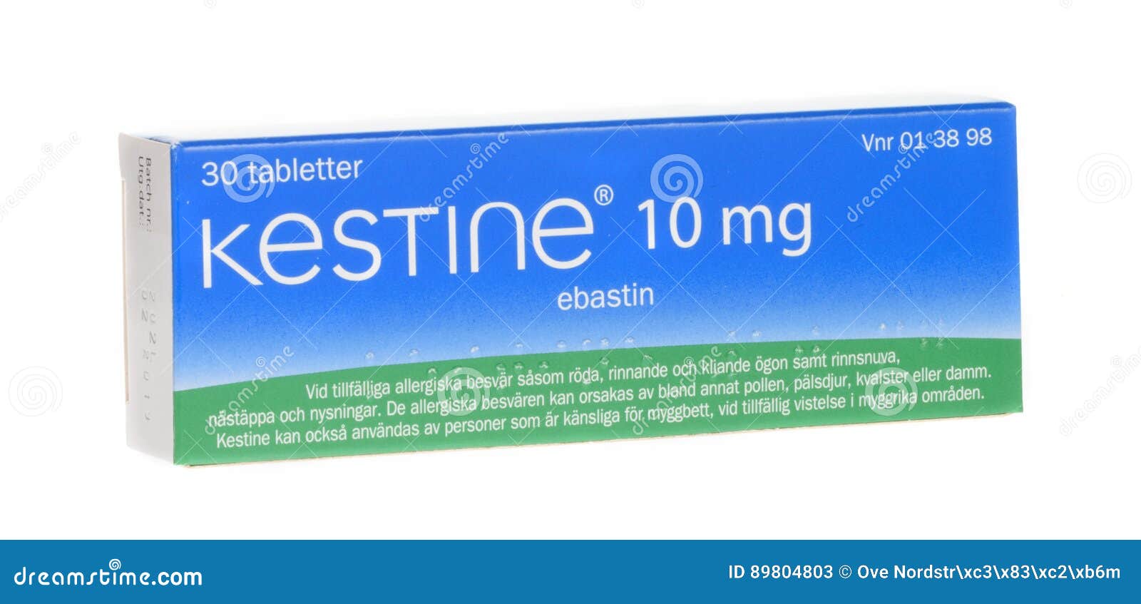 Stockholm, Sweden, April 3, 2017: Kestine 10 mg ebastin, anti-allergic medicament, isolated on white background