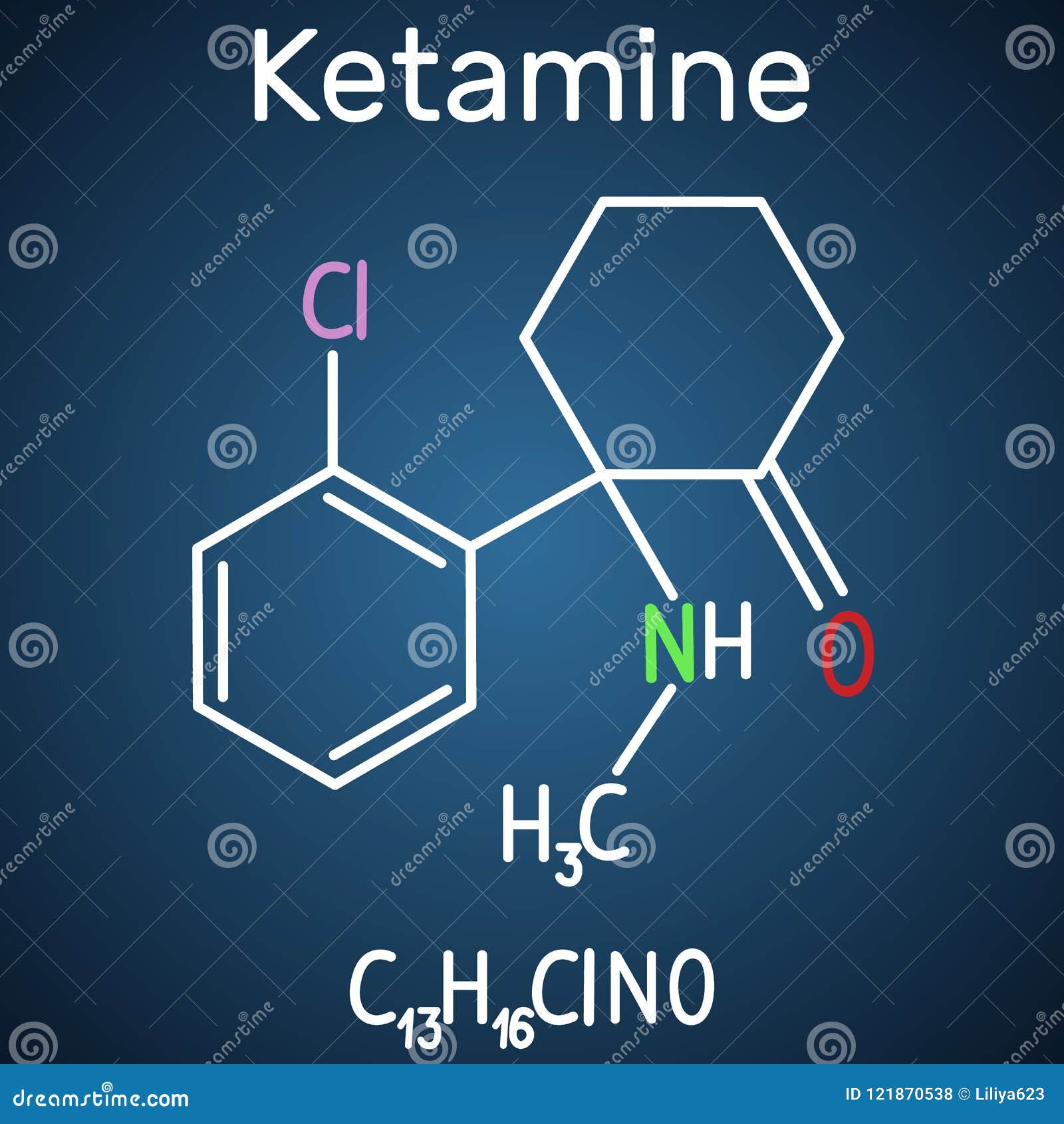 Ketamine molecule. It is used for anesthesia in medicine. Structural chemical formula and molecule model on the dark blue