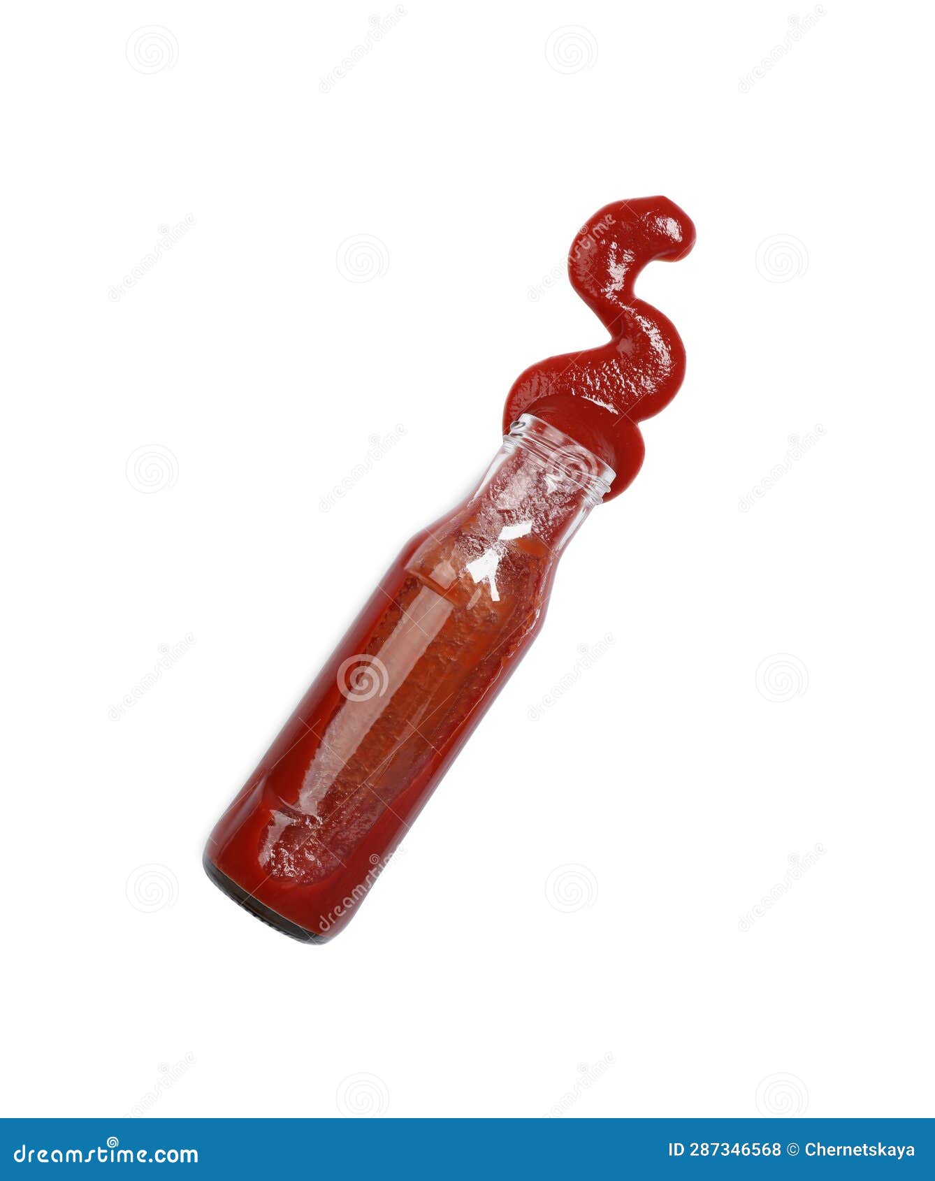 Ketchup and Glass Bottle Isolated on White, Top View Stock Photo