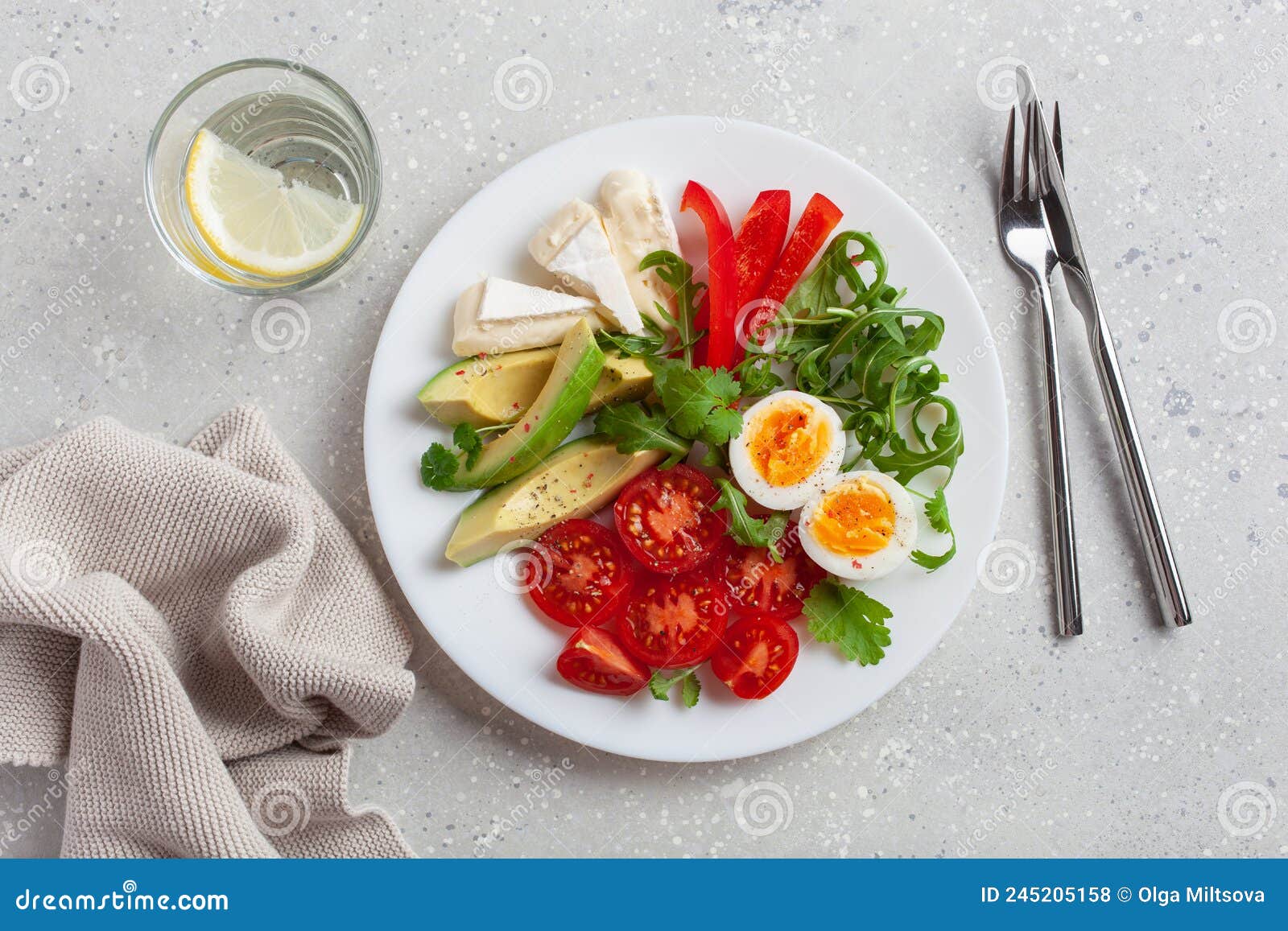 Keto Diet Breakfast Egg Avocado Brie Cheese Tomato Bell Pepper Stock