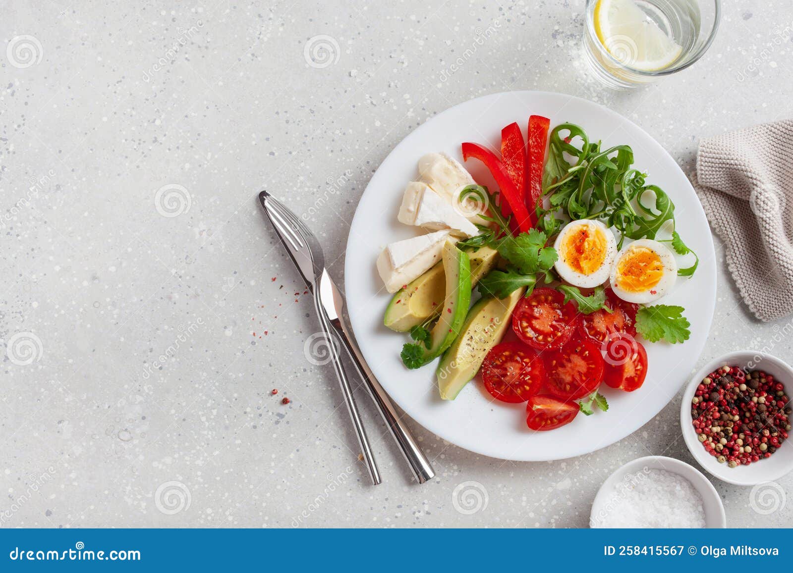 Keto Diet Breakfast Egg Avocado Brie Cheese Tomato Bell Pepper Stock