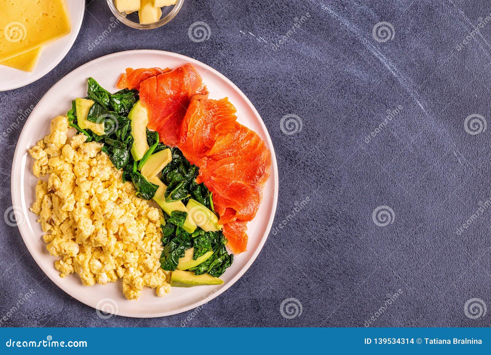 Ketogenic Diet Breakfast Scrambled Eggs Salmon Avocado Spinach Stock Photo Image Of Healthy Copy