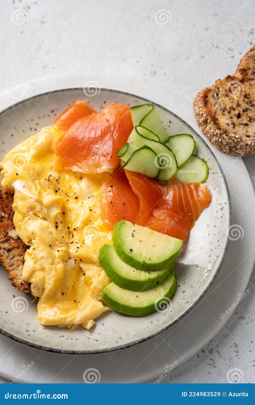 Ketogenic Diet Breakfast, Scrambled Eggs, Salmon, Avocado, Spinach, Top