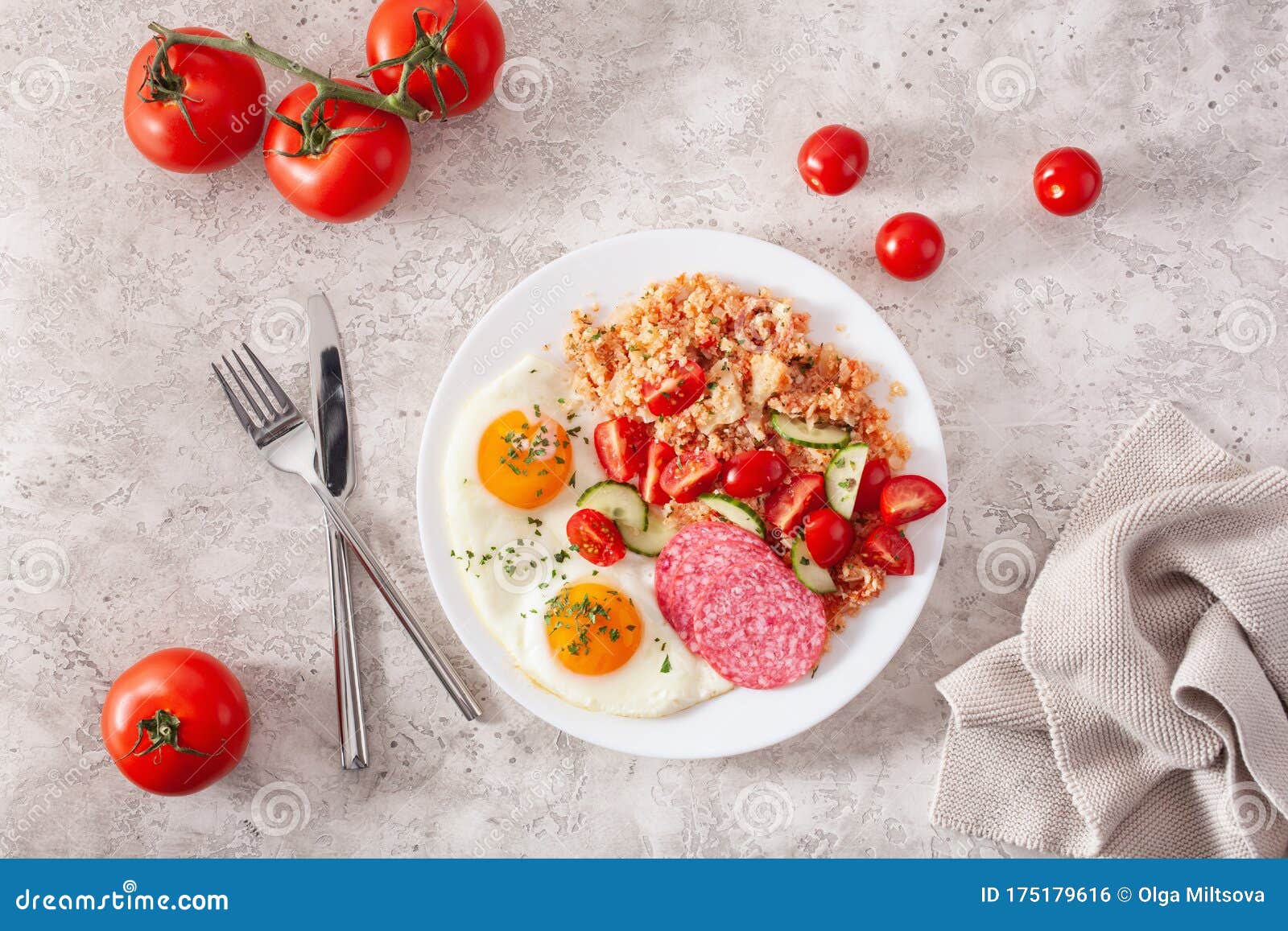 Ketogenic Paleo Diet Breakfast. Cauliflower Rice, Fried Egg Salami Stock Photo Image of fried