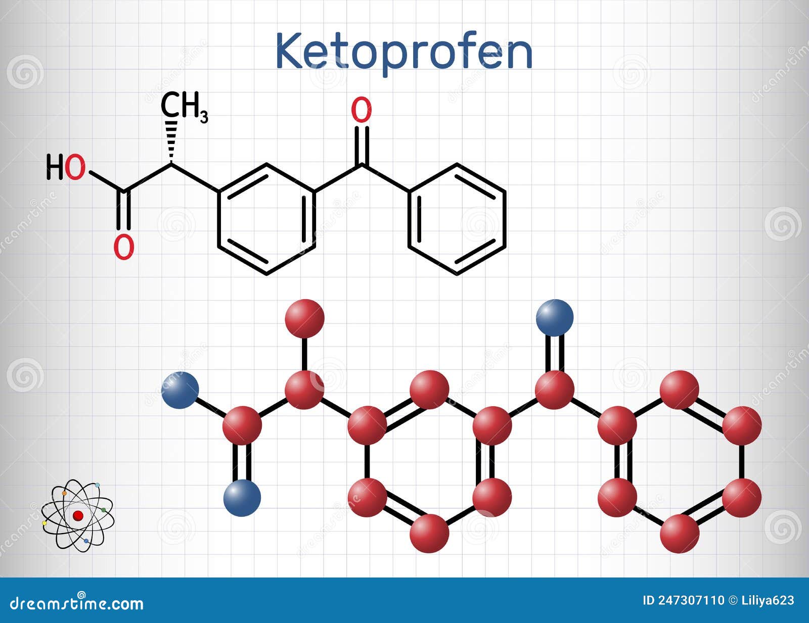 Ketoprofen Molecule. Structural Chemical Formula, Molecule Model Stock
