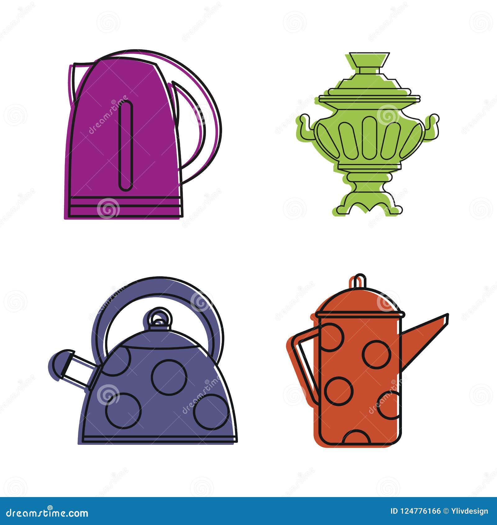 Kettle Icon Set, Color Outline Style Stock Illustration - Illustration ...