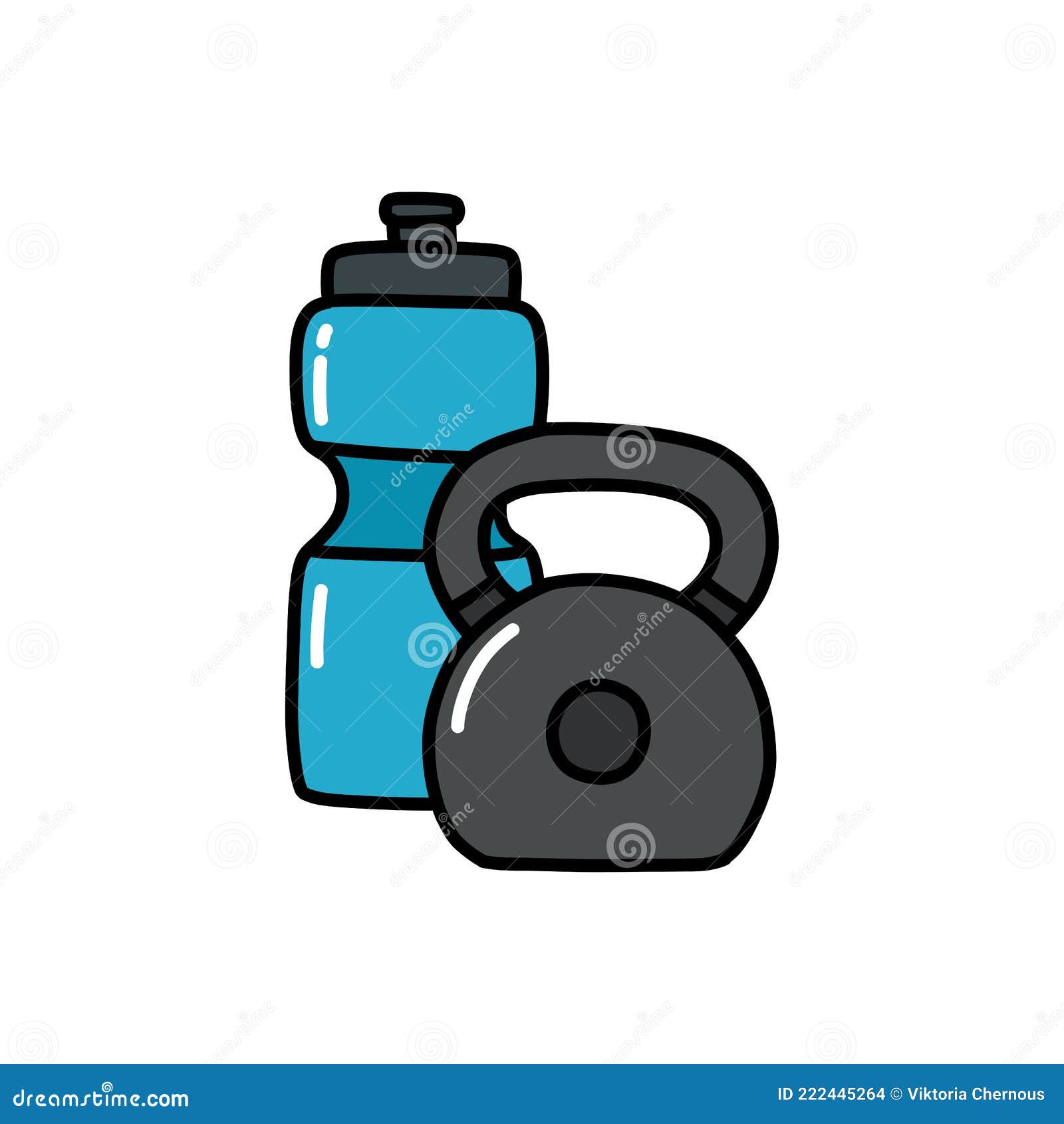 Kettlebell and Bottle of Water Doodle Icon, Vector Color Line