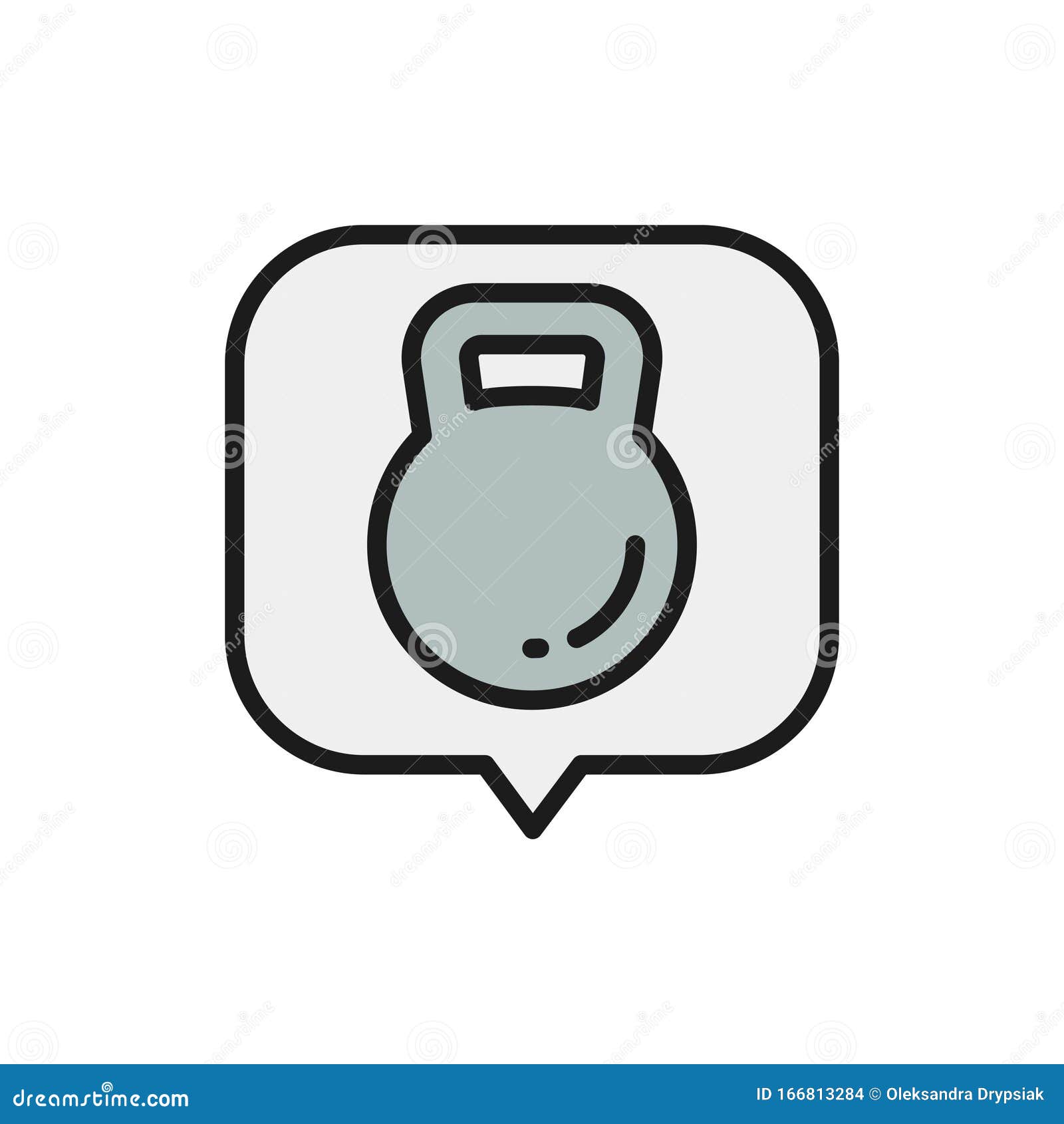 kettlebell in speech bubble, heaviness in the stomach flat color line icon.