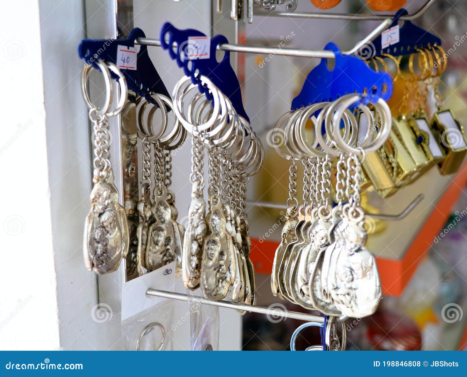 Key Chains with Catholic Religious Symbols in a Pious Articles Shop