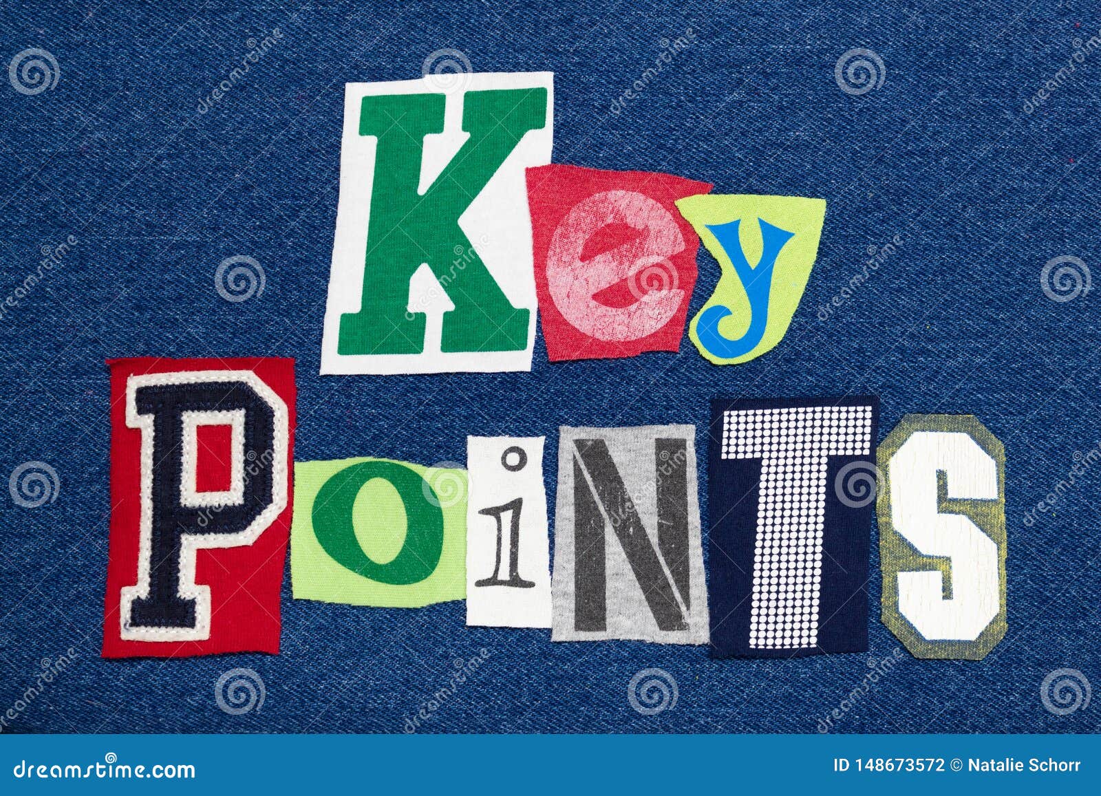key points text word collage colorful fabric on denim, presentation summary
