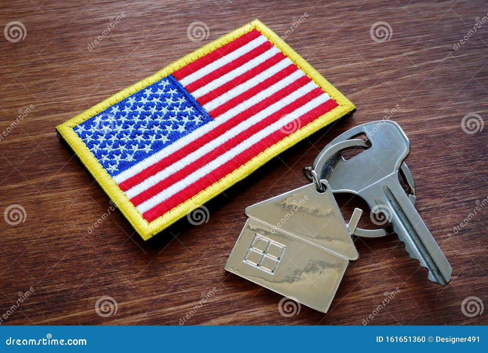 key from property and usa flag. va loan mortgage.