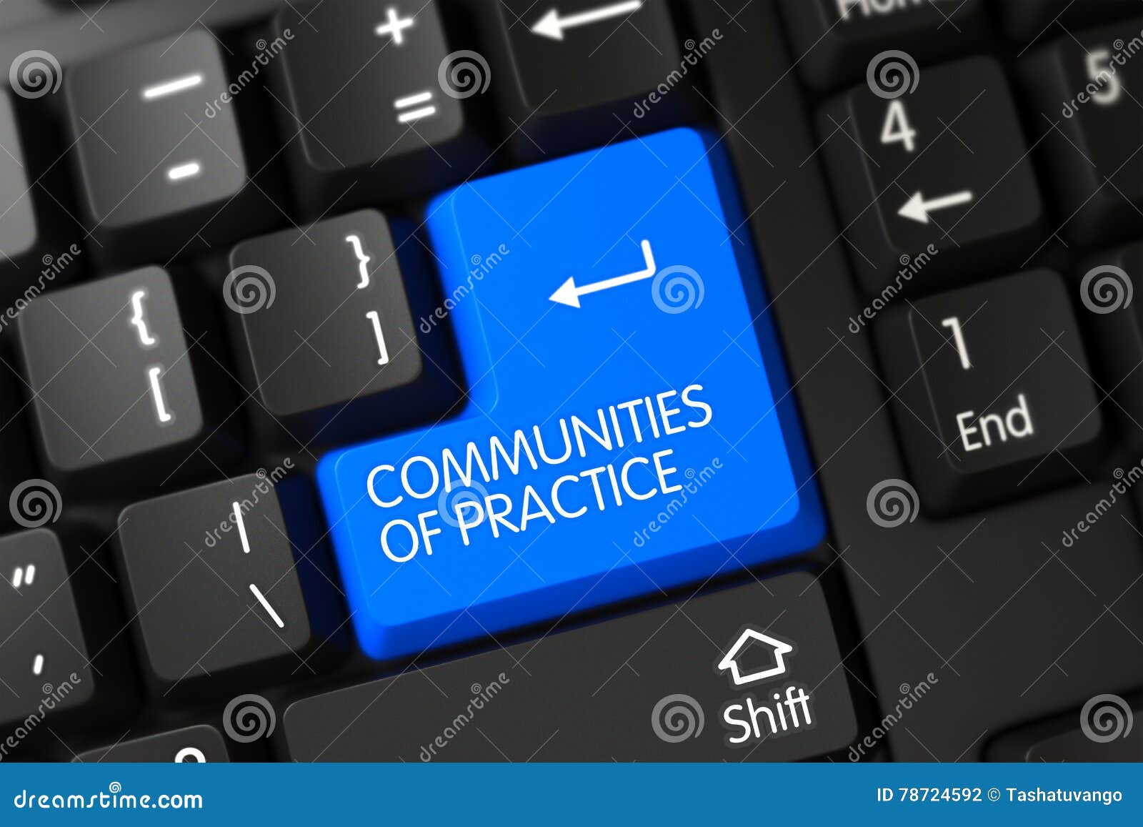 keyboard with blue button - communities of practice. 3d.