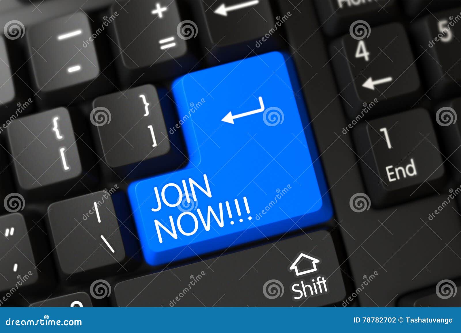 keyboard with blue key - join now. 3d.
