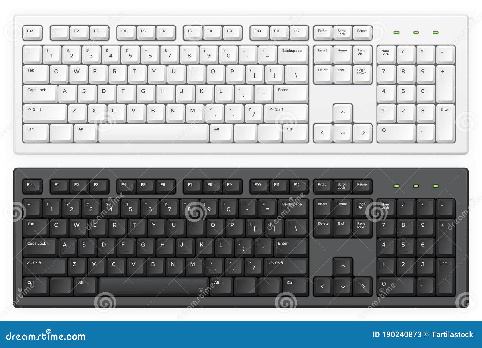 keyboard. pc white and black key buttons with english qwerty alphabet realistic   template for device and