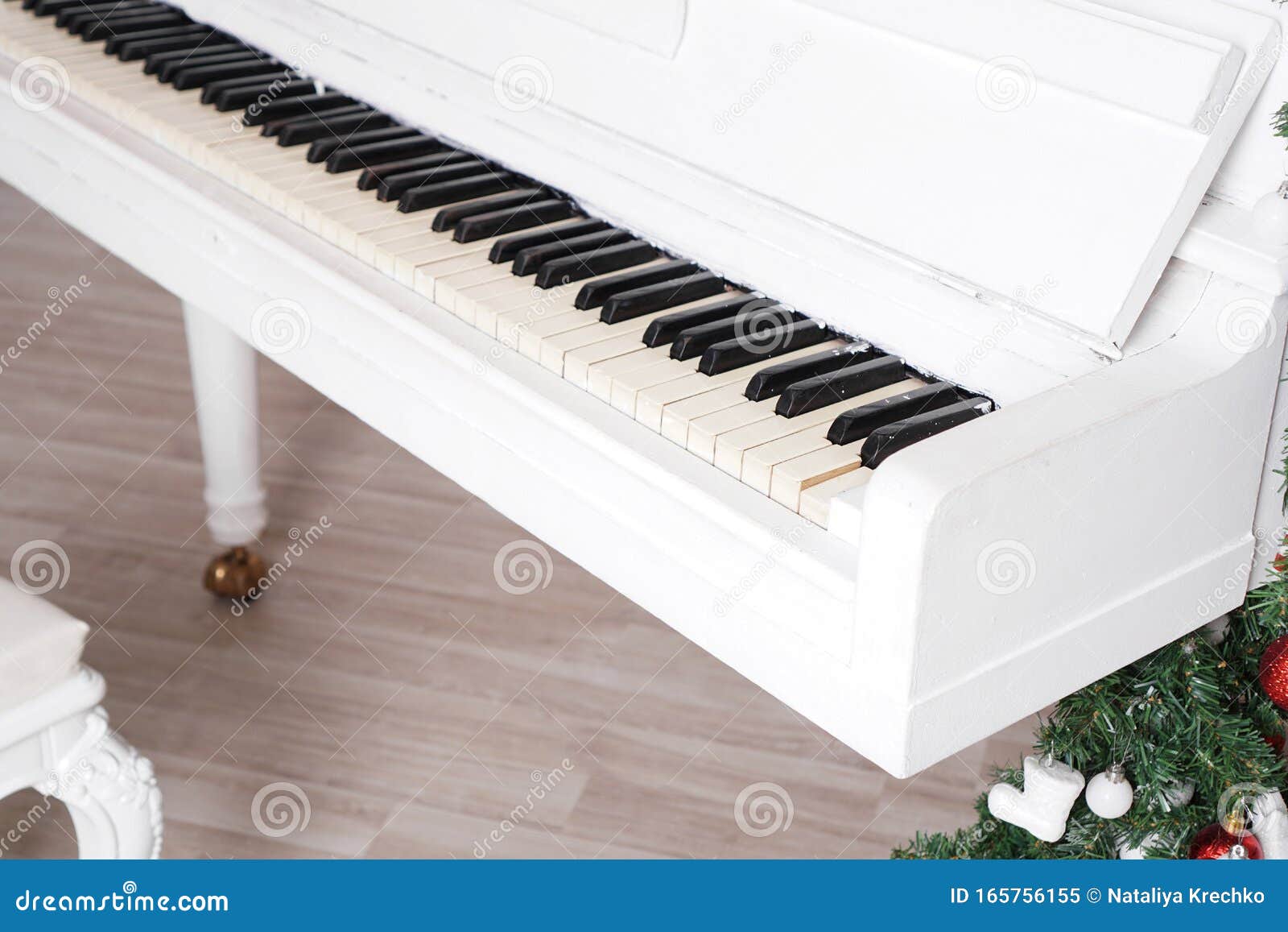 Keys on White Upright Piano with Christmas Decor Stock Image Image of