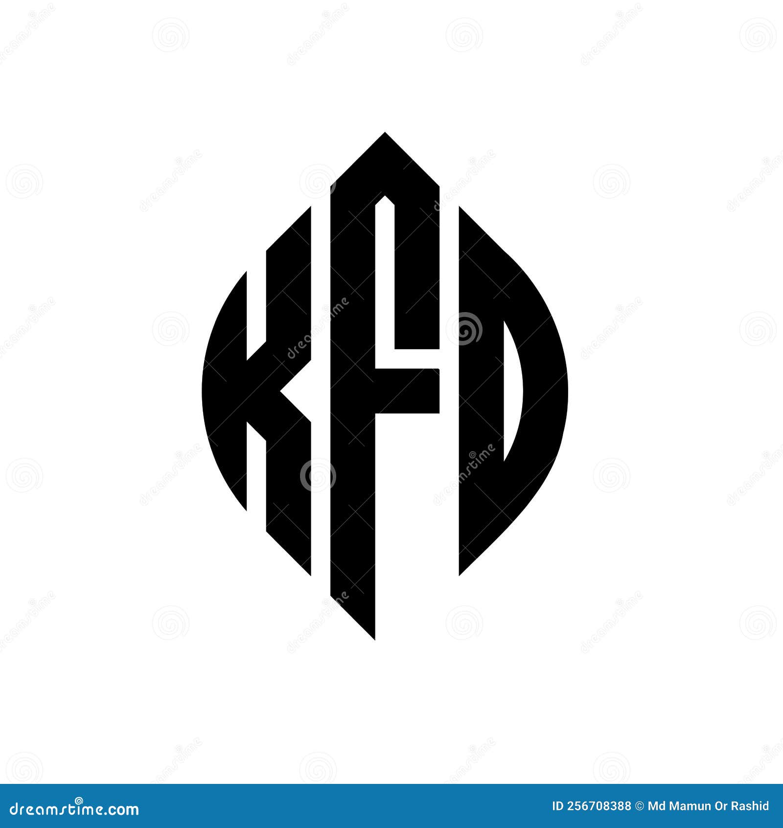 kfd circle letter logo  with circle and ellipse . kfd ellipse letters with typographic style. the three initials form a
