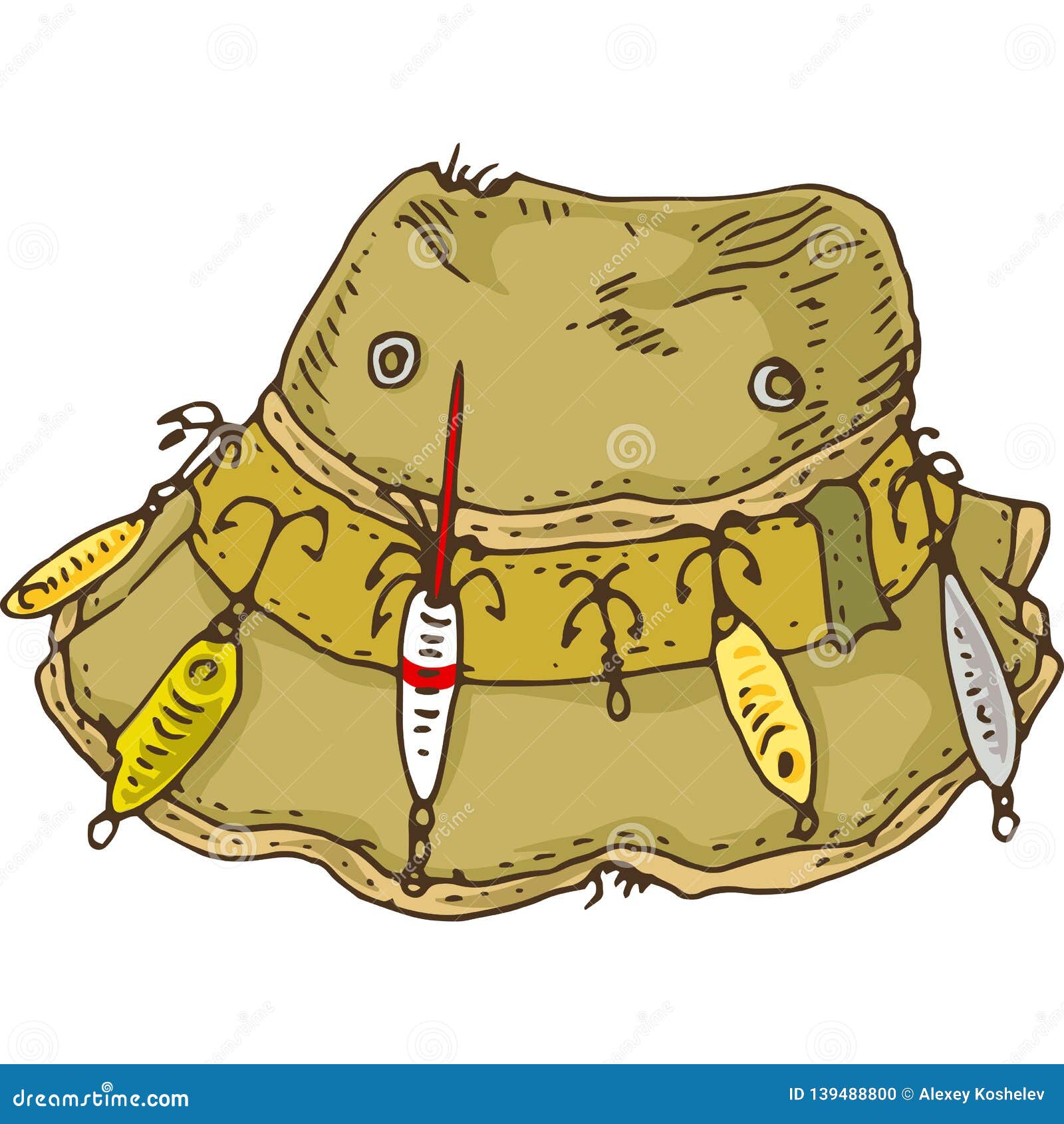 Khaki Hat with Fishing Lure and Hooks Stock Vector - Illustration