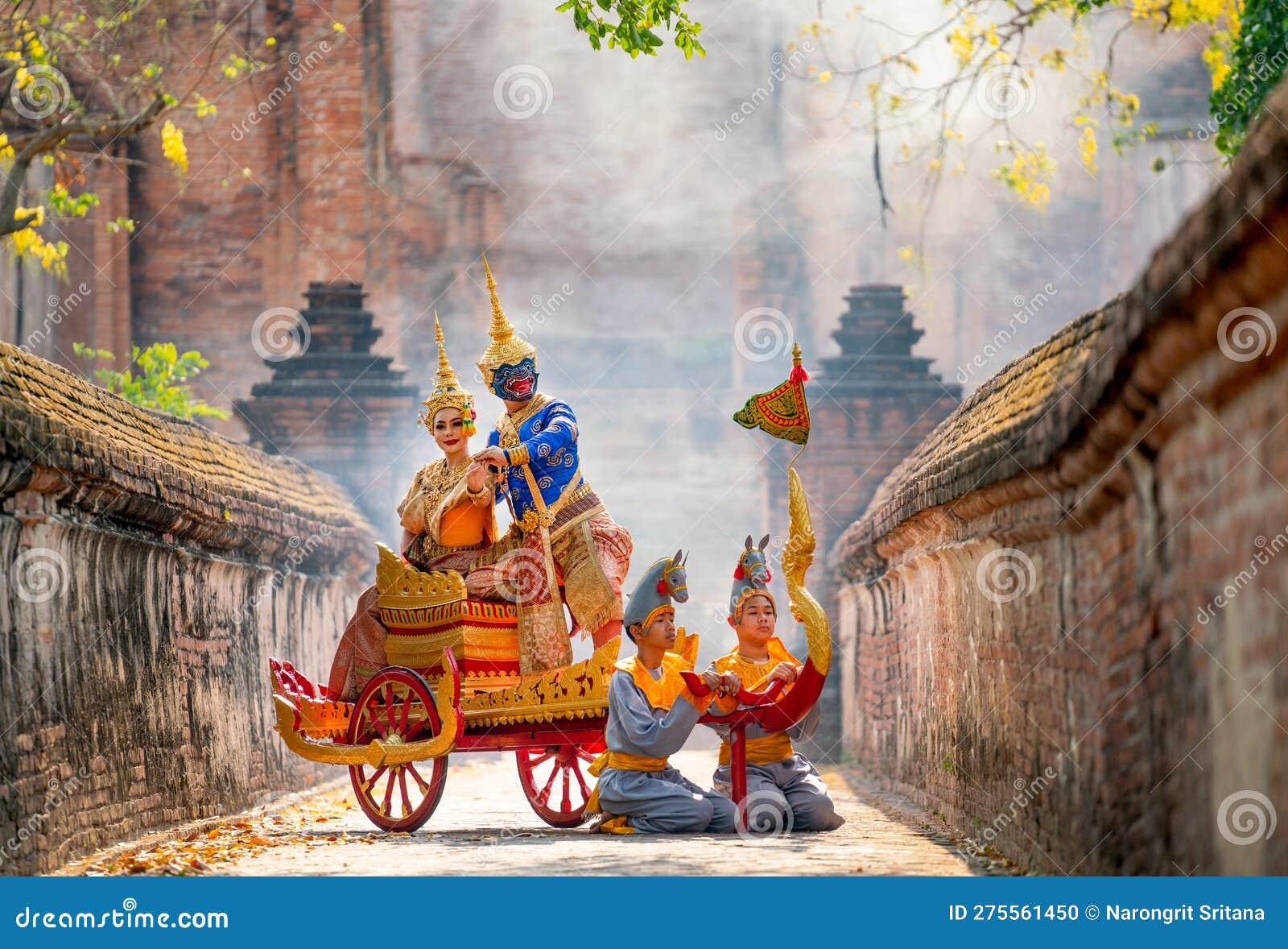 khon or traditional thai classic masked from the ramakien characters woman and blue monkey stay together on traditional chariot in