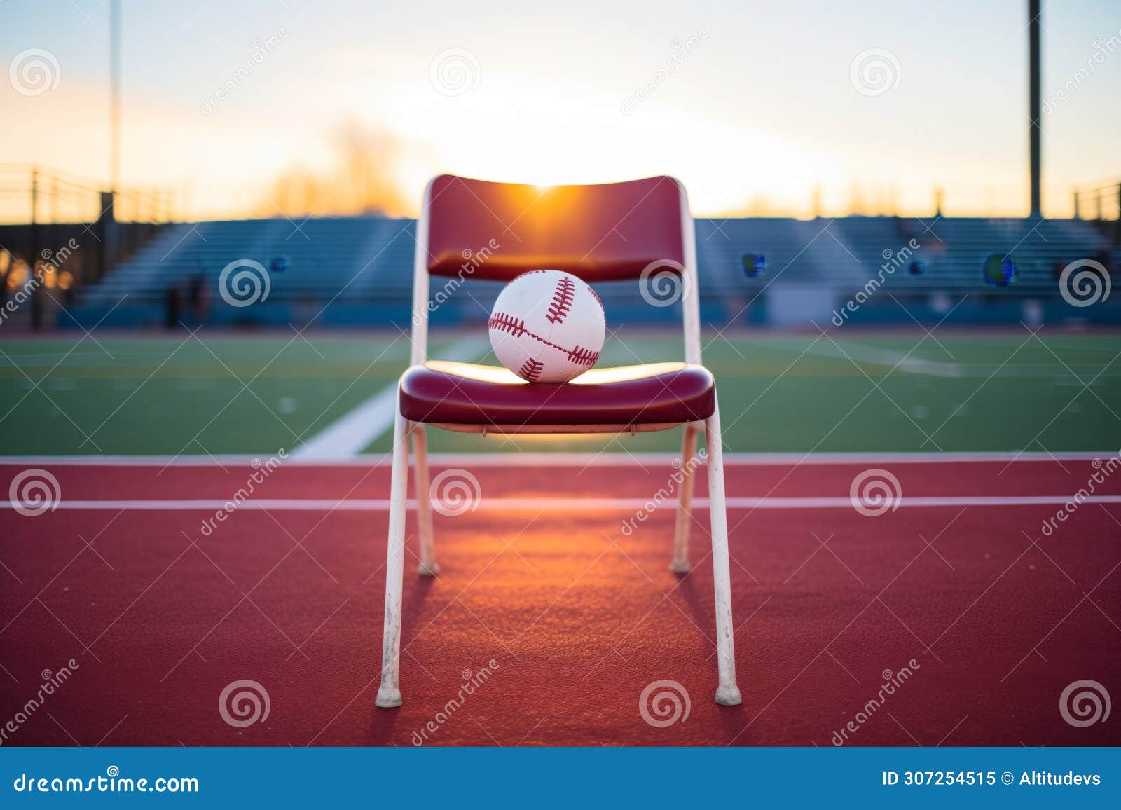 kickball on a maroon stadium seat during sunset