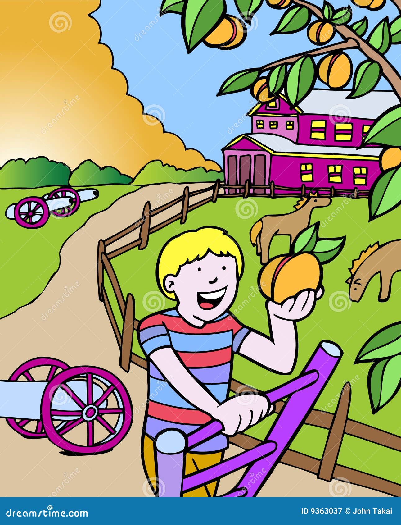 Kid Adventures Picking Peaches in Stock Vector Illustration