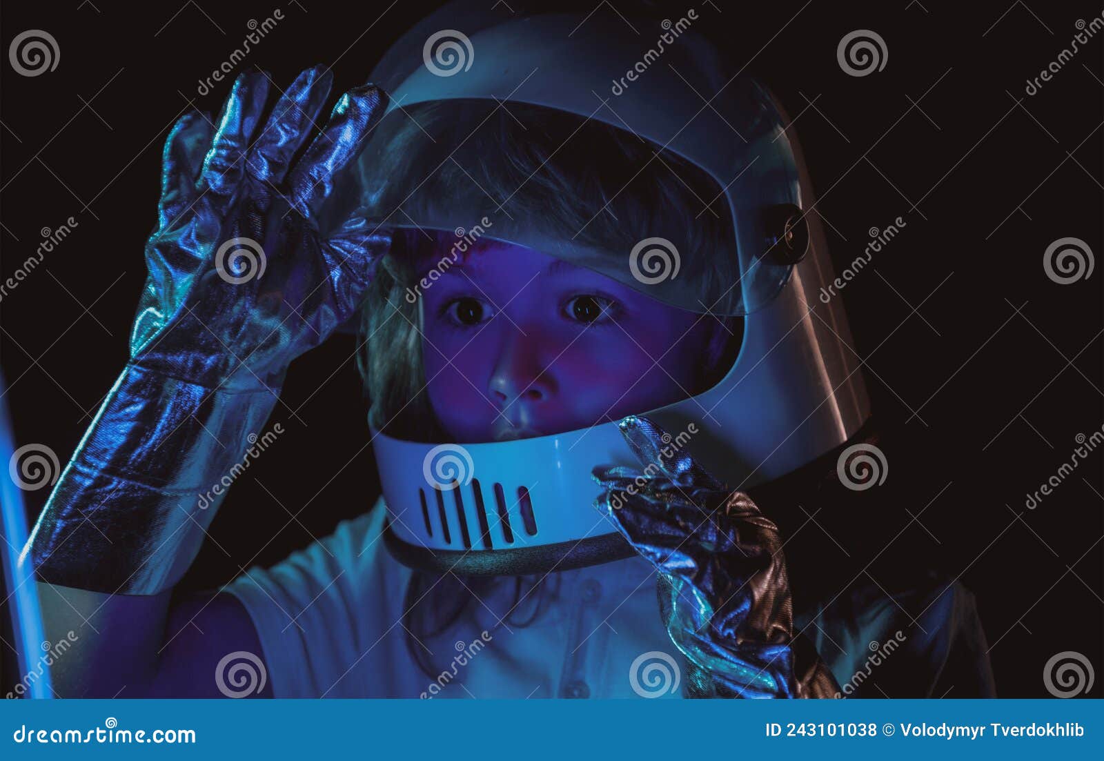 Kid Boy Exploring Space. Portrait of Cute Kids in Space Suits