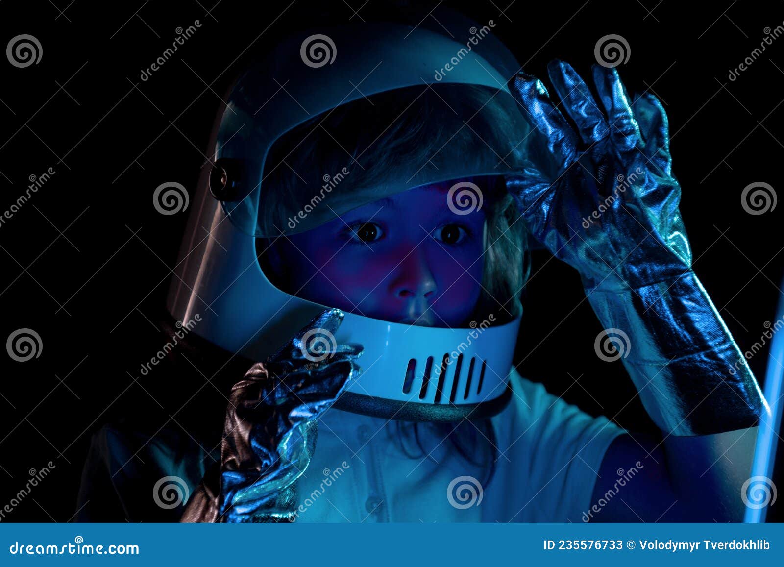 Kid Boy Exploring Space. Portrait of Cute Kids in Space Suits