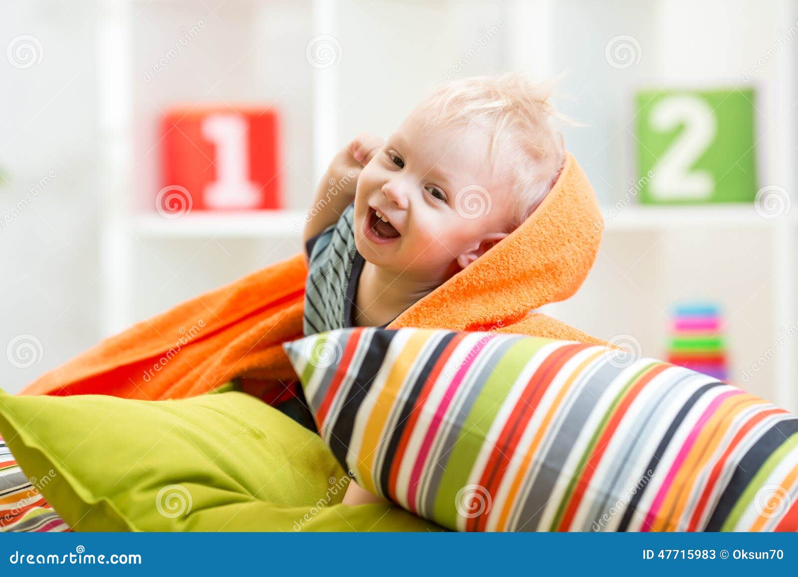 Kid Boy Playing on Pillows in Bedroom Stock Image Image of cute