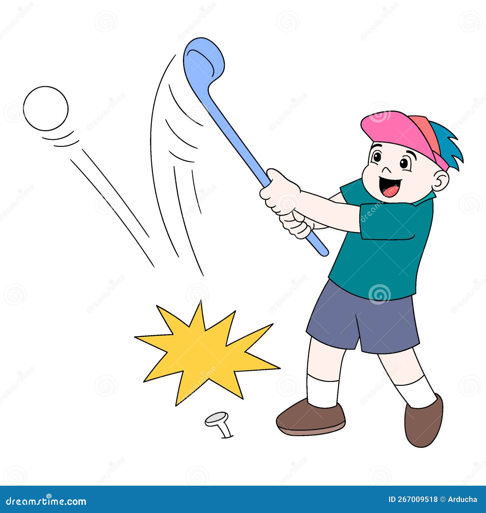 Kid Boy is Practicing Golf Hitting the Ball with a Stick Stock Vector