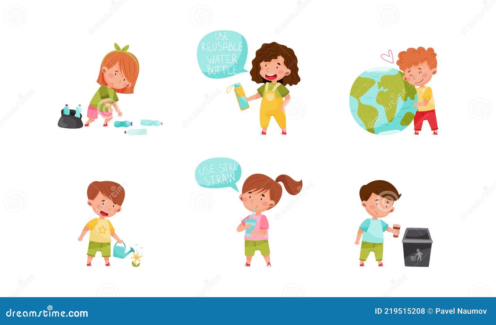 Kid Characters Gathering Plastic, Sorting Trash and Planting Vector Set ...