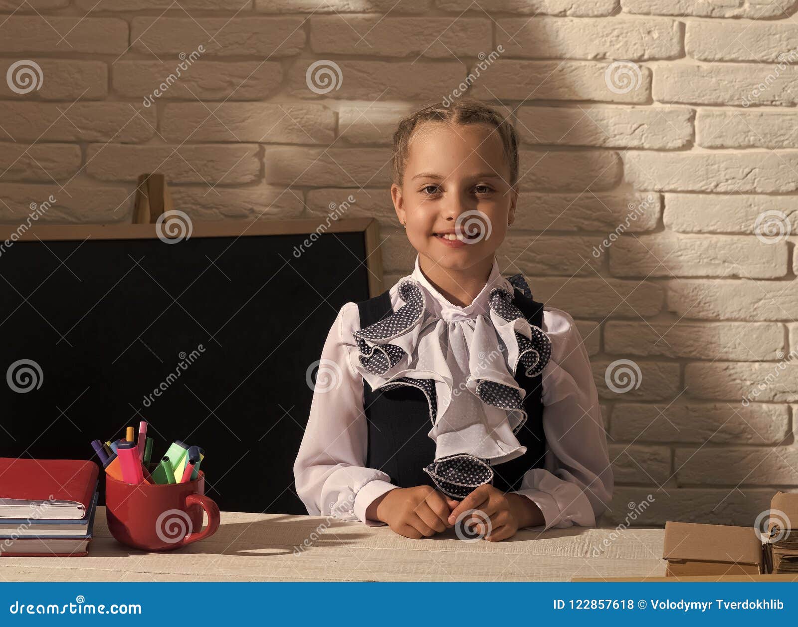 Kid in Classroom on White Brick Wall Background Stock Photo Image of