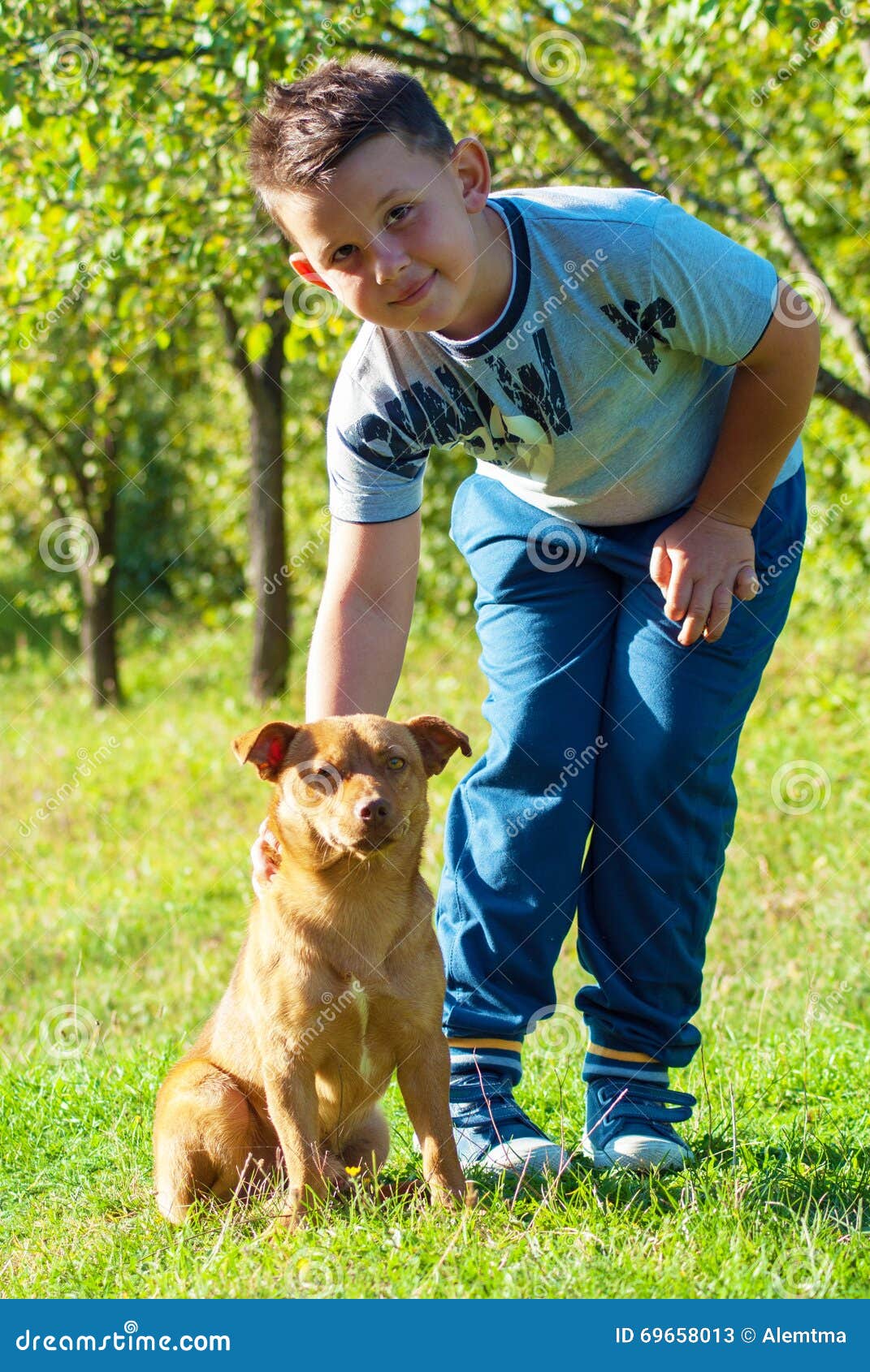 Kid and Dog Playing Outdoor at Backyard Green Environment Stock Image ...