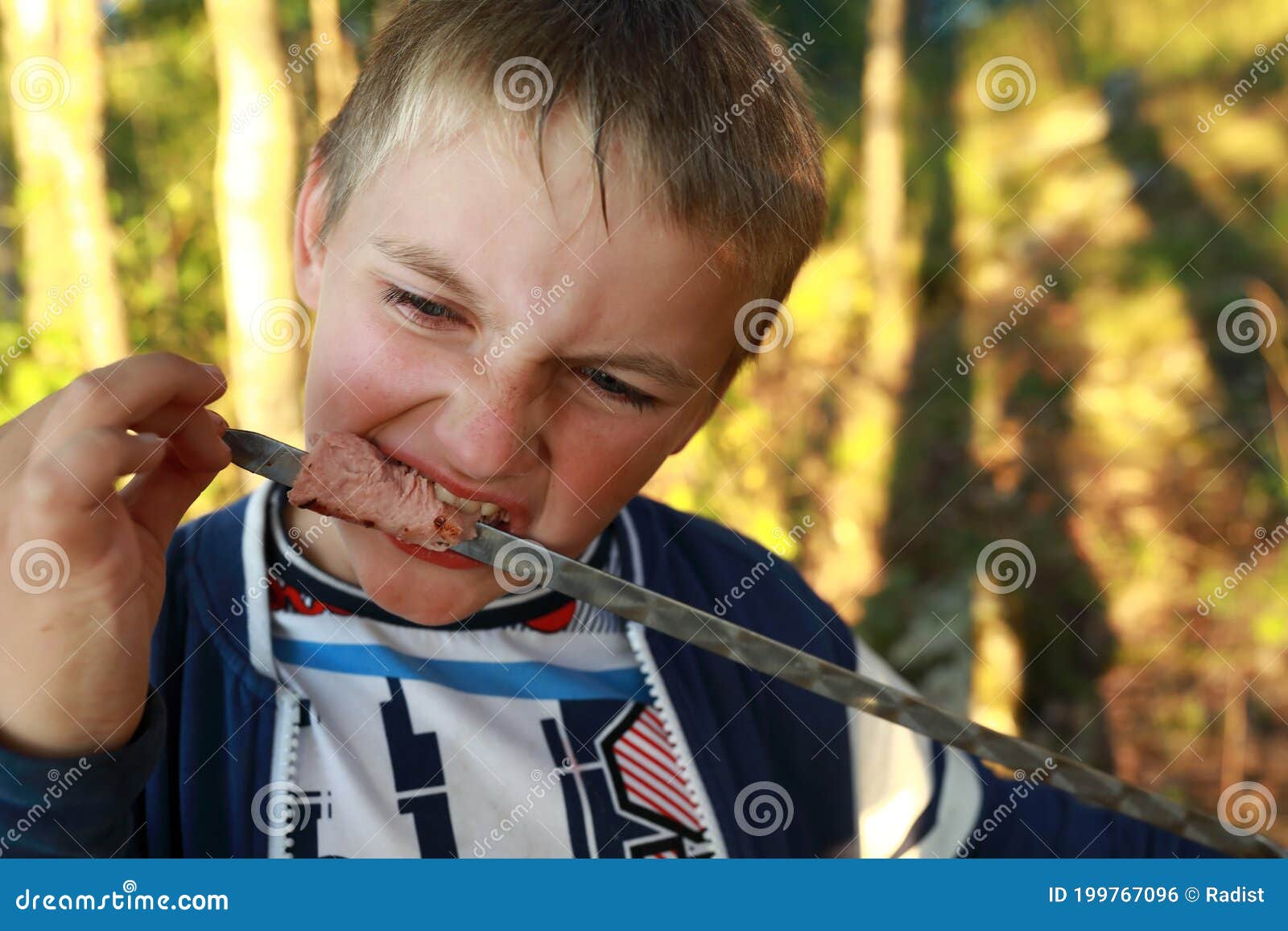 Kid Eating Sausage on Skewer in Forest Stock Photo Image of meal