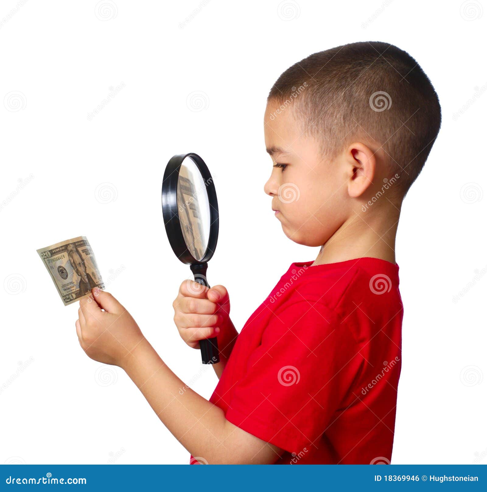 Kid examining money stock photo. Image of optic, look 18369946