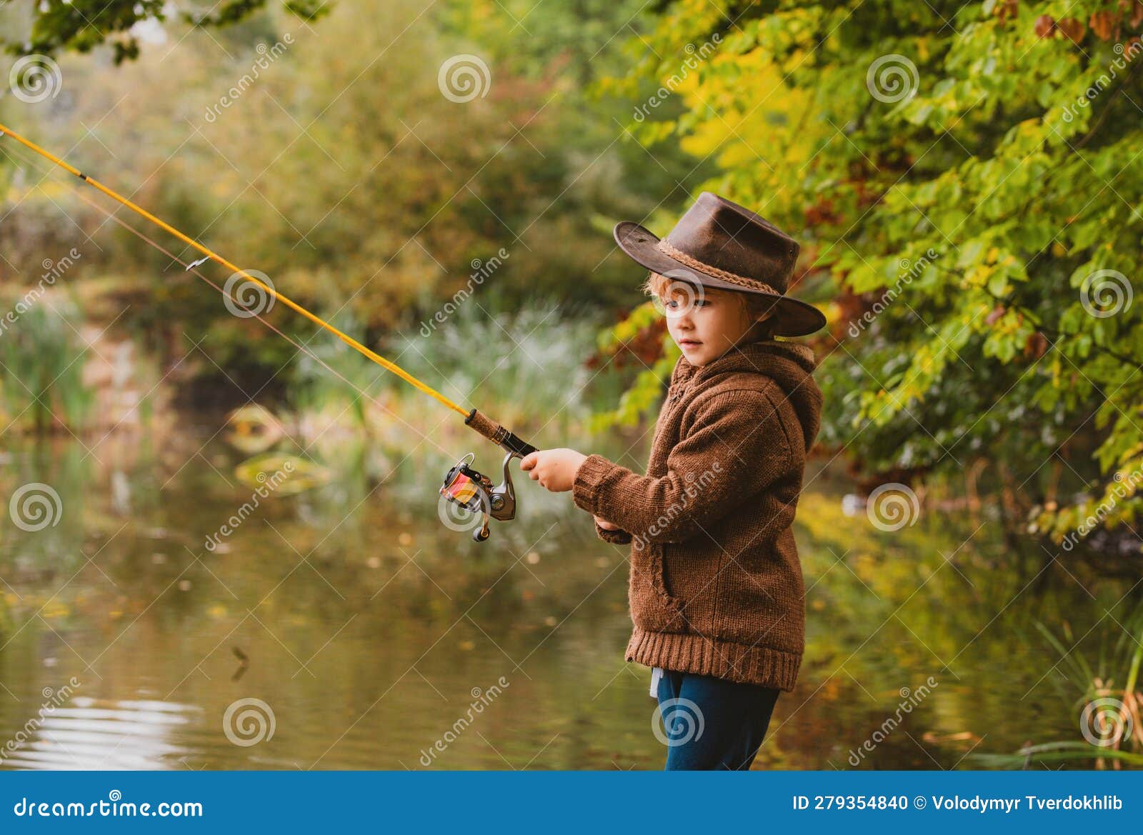 Kid with Fishing Rod. Child Learning How To Fish, Holding a Rod on a Lake.  Stock Photo - Image of resting, foliage: 279354840