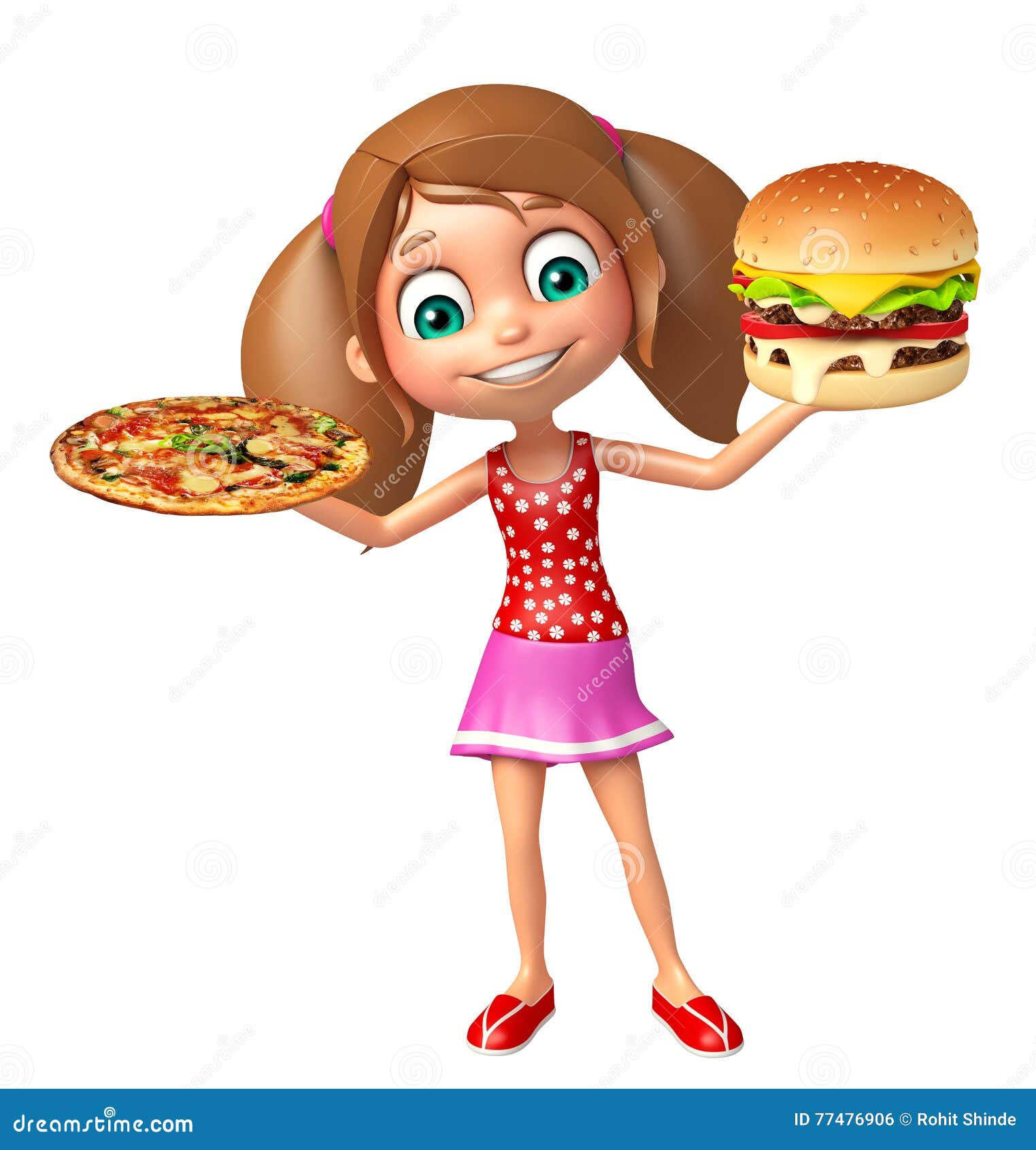 Kid Girl with Burger and Pizza Stock Illustration Illustration of