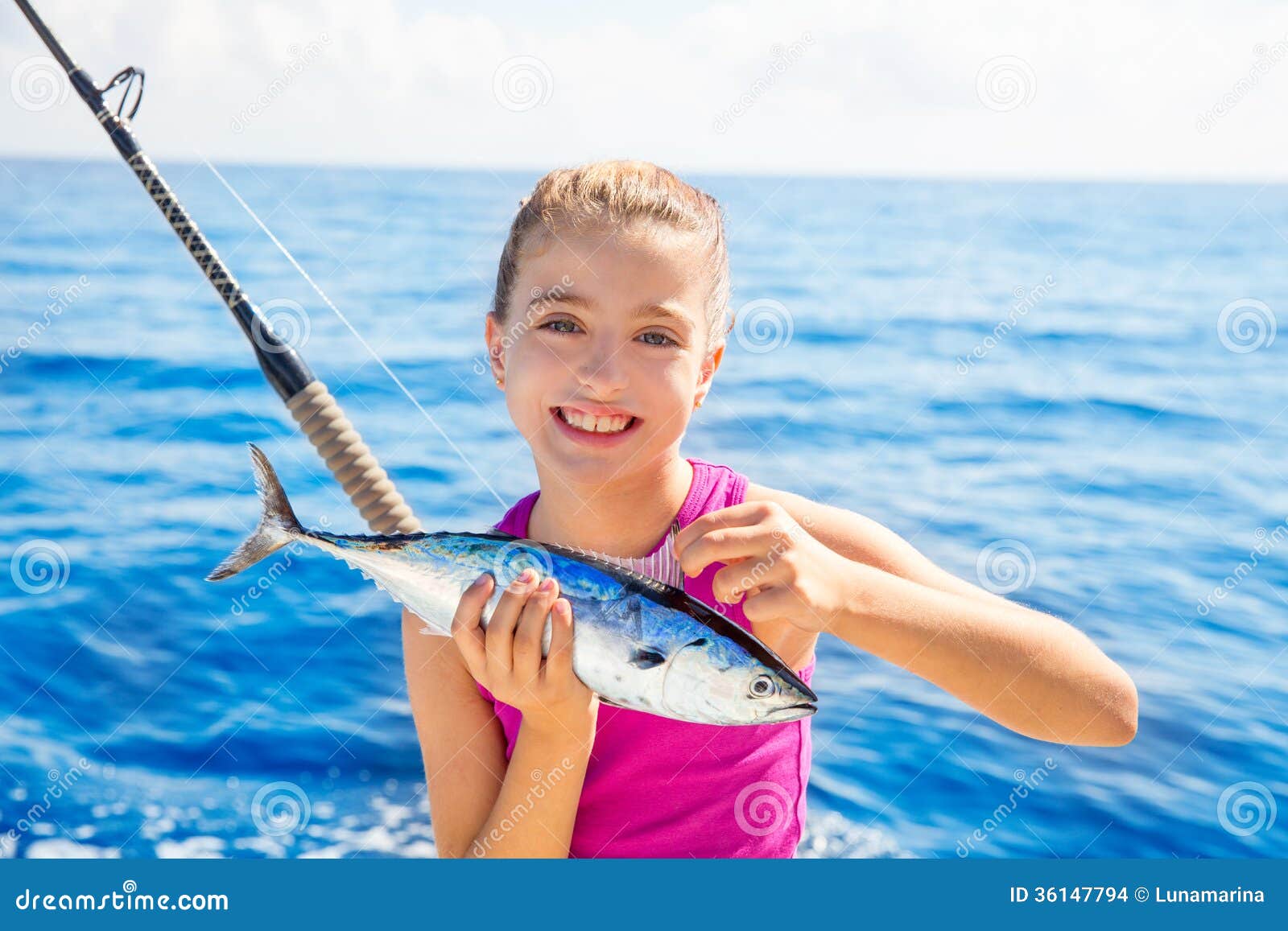 Kid Girl Fishing Tuna Little Tunny Happy With Fish Catch Stock Images 