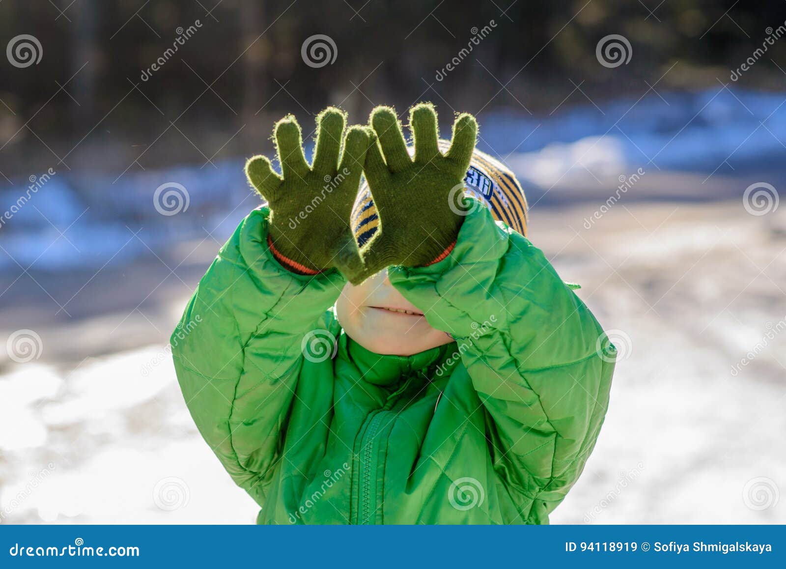 The Kid in the Green Jacket on the Street in Winter Stock Image Image