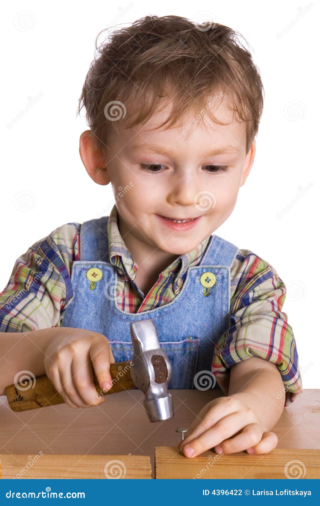 Kid Hammers a Hammer in Nails Stock Photo Image of playful, happy