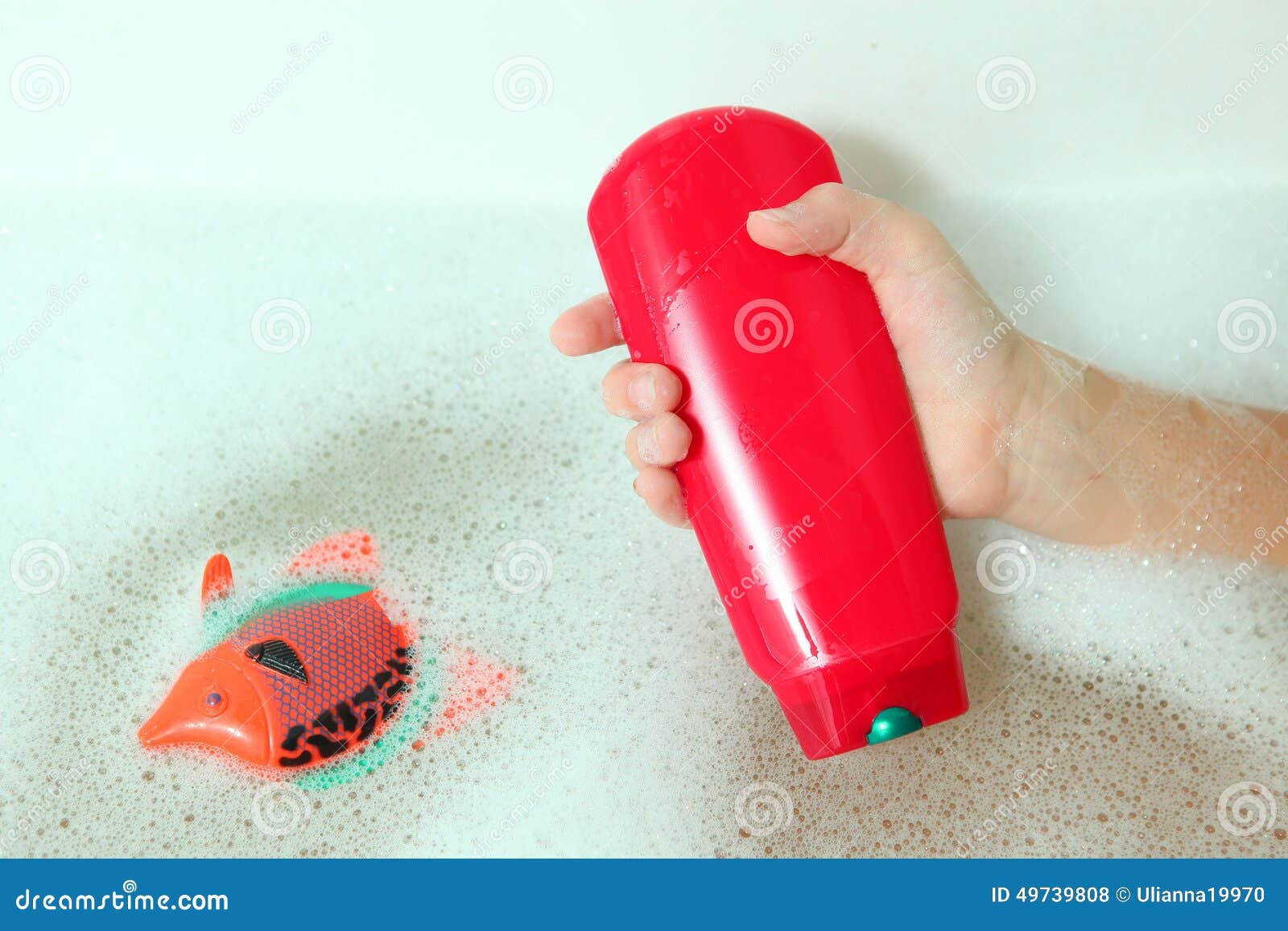 Kid Hand Hold Shampoo Bottle in Soap Bath Stock Photo Image of